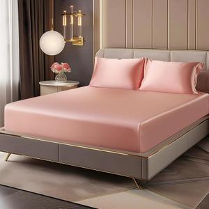 BEDELITE Satin Fitted Sheet and Pillowcases Set, Luxury Soft Similar to Silk Bottom Bed Sheet with Elastic Corner Straps, Deep Pocket up to 15 Inch, 1 Fitted Sheet and 2 Pillowcases(Queen, Rose Pink)