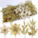 Winlyn 35 Pcs Christmas Artificial Poinsettia Flowers Picks and Artificial Leaves Sprays Gold Glitter Christmas Floral Picks for Gold Christmas Tree Holiday Centerpiece Wreath Garland Decorations
