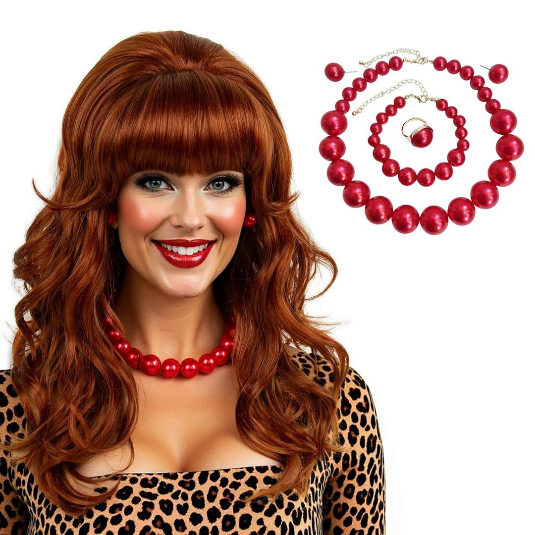 Copper Red Long Curly Beehive Wig with Red Pearl Necklace Vintage Wig with bangs for Women Costume Cosplay Fancy Dress 60s 70s Retro Wigs