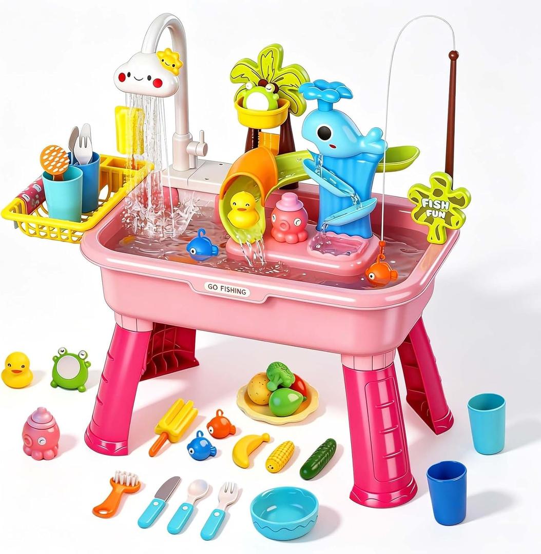 2026 Upgraded Water Table for Toddlers 1-3, Outdoor Water Play Table for Kids Ages 4-8 with Pump, Toddler Water Table, Play Sink with Running Water, Kitchen Sink Toy, Fishing Game, Sensory Table, Pink