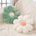 2 Pcs Sage Green Throw Pillow Decorative Flower Pillows for Girls Room Decor, 15" Cute Aesthetic Flower Daisy Shaped Throw Pillows for Bedroom Bed Couch Chair Classroom (White+Green, 15.35 Inch)