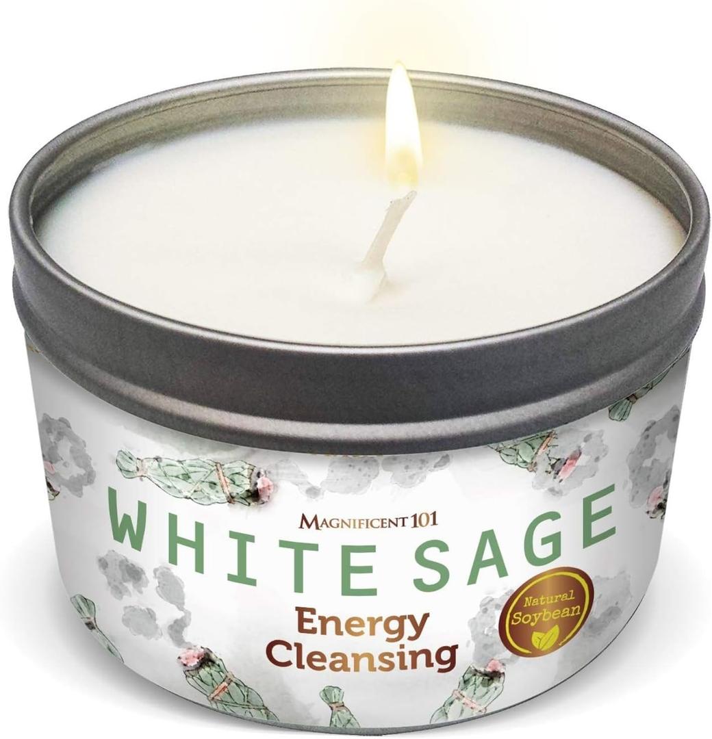 Magnificent 101 Long Lasting White Sage Scented Smudge Candle | 6 Oz - 35 Hour Burn | Soy Wax Candle for House Energy Cleansing Purification, Chakra Healing & Manifestation