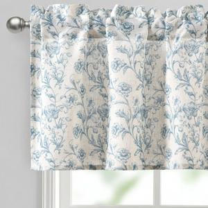 JIUZHEN Thick Textured Linen Floral Valance for Kitchen/Living Room/Bedroom Window, Rod Pocket French Farmhouse Light Filtering Valance Curtain, Blue Peony, 52 x 14 Inches, 1 Panel