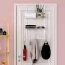 OYEAL Over The Door Hanger with 2 Mesh Baskets 5 Hooks, Detachable Storage Organizer Rack for Coats, Hats, Handbags,Towels, Easy Install Metal Hanging Hook Rack Shelf, White