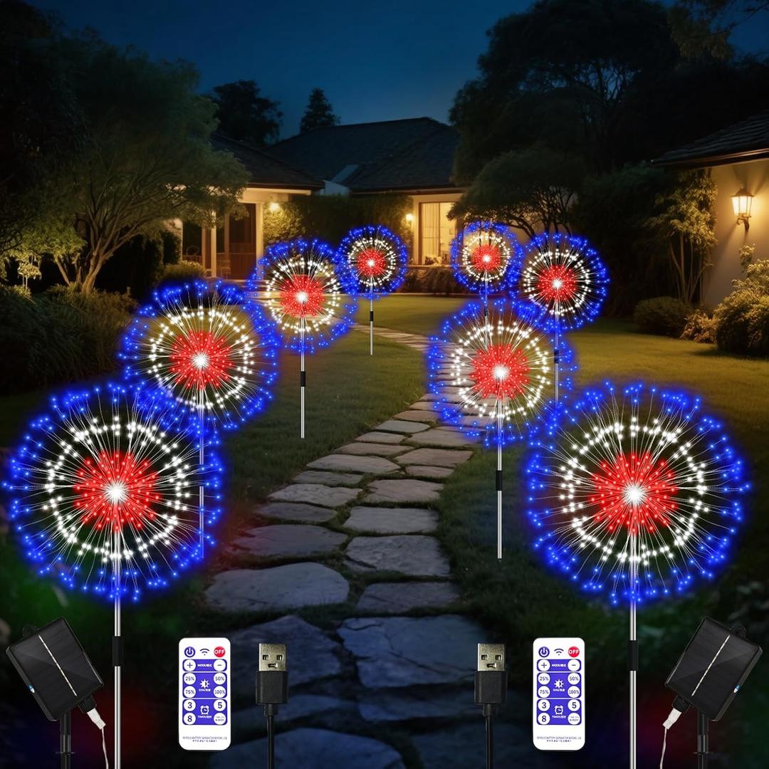 8 Pack 4th of July Decorations Outdoor Solar Firework Lights, Timer Remote Red White and Blue Lights with 8 Modes, Waterproof Solar Stake Pathway Light for Garden Yard Lawn Patio Patriotic Party Decor