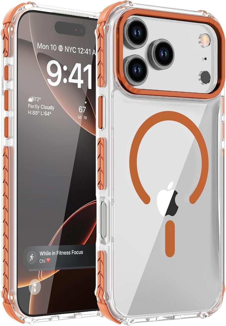 DEERLAMN Strong Magnetic Case for iPhone 17 Pro Max 6.9-Inch,[Compatible with Magsafe][Military Grade Drop Protection] Clear Slim Shockproof Protective Phone Cover-Transparent+Orange