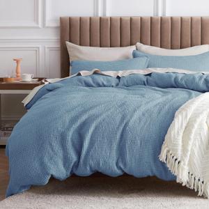 Bedsure Cotton Duvet Cover Queen - 100% Cotton Waffle Weave Grey Blue Duvet Cover Queen Size, GentleSoft and Breathable Bedding Set for All Season, 3 Pieces, 90"x90"