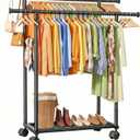 Sakugi Double Rods Clothes Rack - Metal Clothing Rack with Fixed Double Rods, Rolling Wheels & Built-In Shelf for Closet, Bedroom, Laundry Storage (39" x 17" x 60", Black)