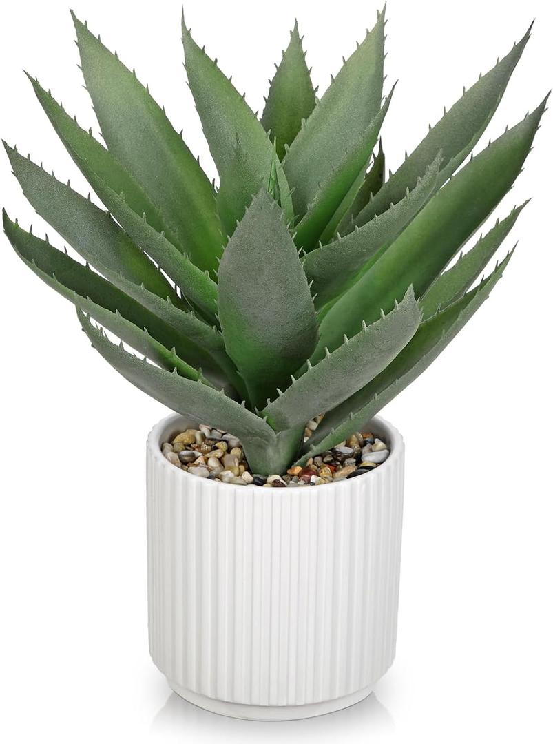 Hollyone Large Artificial Agave Plants 11.8 Fake Succulents Potted Faux Aloe Vera Plant in White Pot Succulent Agave Plants for Desk Modern Office Living Room Table Shelf Home Indoor Outdoor Decor (Light Green)