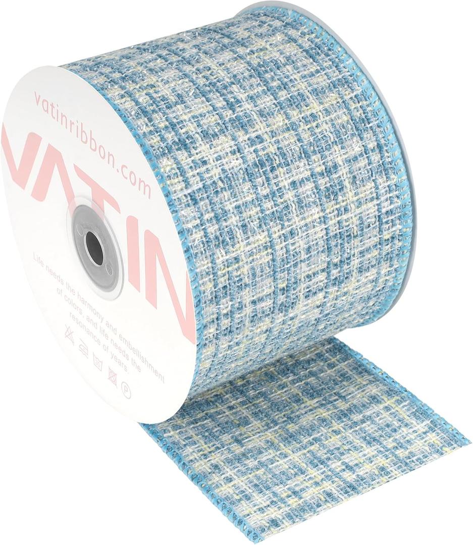 VATIN Light Blue Blended Wired Ribbon, 3-1/2-Inch x 10 Yards, for Tree Skirts, Mantel Decor, Gift Wrapping, Holiday Party Decoration