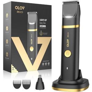 Groin & Body Hair Trimmer for Men - Electric Shaver for Pubic Hair, Chest, Legs - Ball Pubic Groomer, LED Light, Replaceable Ceramic Blade Heads, USB-C Recharge Dock, Waterproof Hygiene Razor (Gold)