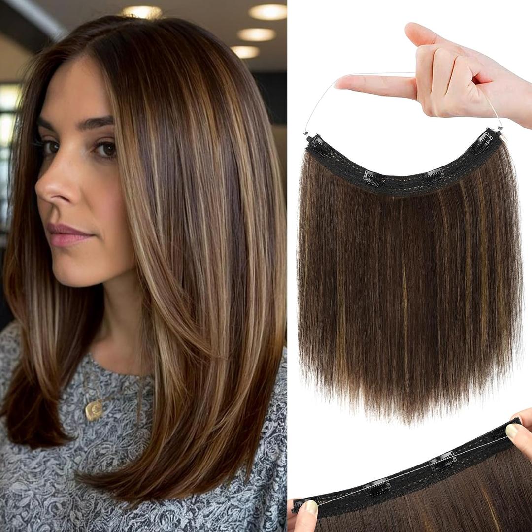 REECHO 12" Invisible Wire Hair Extensions with Thinner Softer Lace Weft Adjustable Size Removable Secure Clips in Short Straight Secret Hairpiece for Women - Dark Brown with Highlights