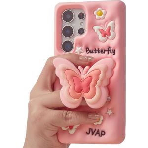 Cute 3D Butterfly Pop-Up Stand and Grip Phone Case for Samsung Galaxy S24 Plus, Kawaii Cartoon Soft Silicone Phone Cover, Adorable Girly Design for Girls, Kids, Teens, and Women