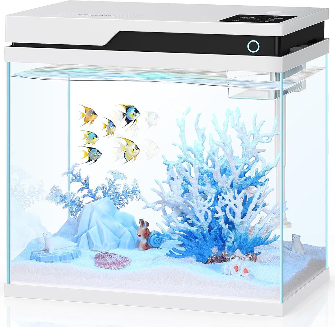 PONDON Smart Fish Tank 7 Gallon, Small Beta Fish Aquariums Startar Kit with Automatic Feeder, Glass Betta Tank with Filter and Light (7-Gal White)