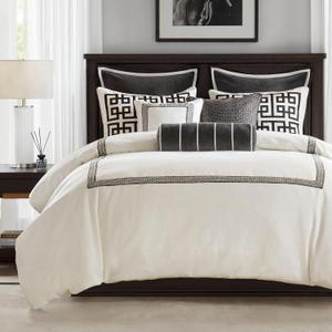 Madison Park King Comforter Set Hotel Style Embroidered, Oversized Comforters King Size Bed, All Season Down Alternative Overfilled Size Comforter, Jarvis, Black/White 9 Piece