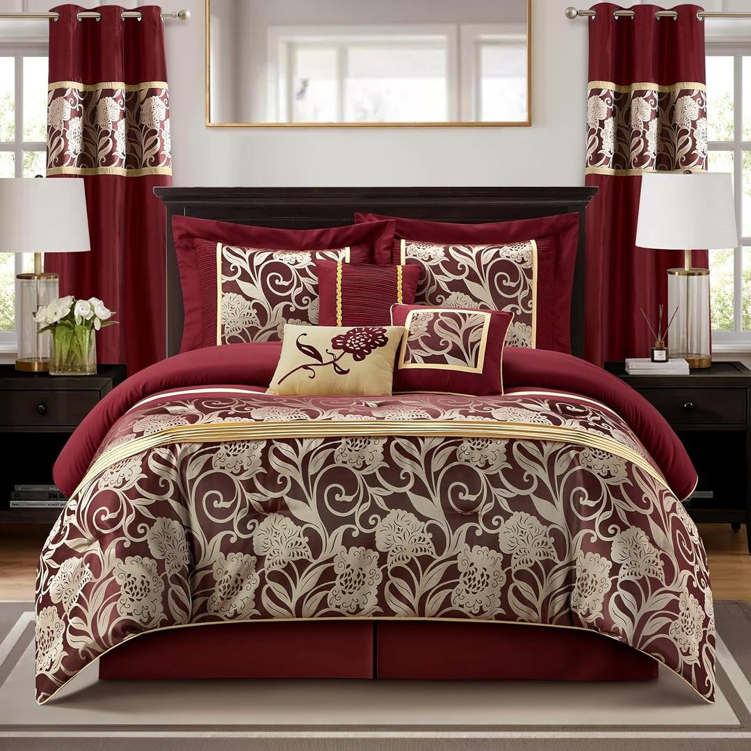 Grand Avenue Red and Gold Comforter Set Queen Size, 9 Piece Jacquard Floral Bedding Set, All Season, Ultra-Soft, Matching Pillows & Shams, Bed Skirt, Curtains