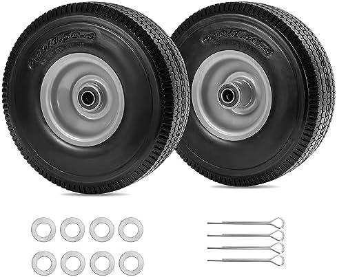 Parts Camp 10 inch wheel 4.10/3.50-4" Flat Free Tire and Wheel 10" Solid Tire for Gorilla Cart Hand Truck Garden Wagon Trolley Dolly tire replacement -5/8" Axle Bore Hole, 2 1/4"Offset Hub (2 Pack)