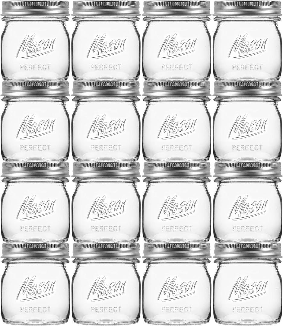 16 Pack 8 oz Mason Jars with Regular Airtight Lids - Glass Canning Jars 8 oz, Mini Mason Jars for Jam, Jelly, Honey, Overnight Oats, Party Favors, Shower Favor, Separable Lids