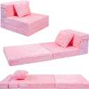 MeMoreCool Glow Pink Unicorn Tri-fold Sofa Bed for Kids, Foldable Futon Chair and Floor Couch, Convertible Trifold Mattress for Playroom