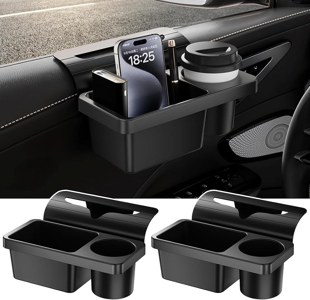 Car Window Storage Organizer, 2.7 Water Cup Holder for Car Side Door Multi-Functional Vehicle Organizer Rack for Cell Phone, Key, Bottle, Snacks, Fit for Most of Cars - Black, 2 Pack