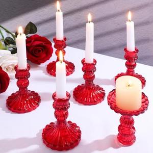 Maxcheck Set of 6 Candlestick Holders Taper Glass Candle Holder Decorative Candle Stand for Wedding Party Table Centerpiece Anniversary Festival Home Decor(Red)