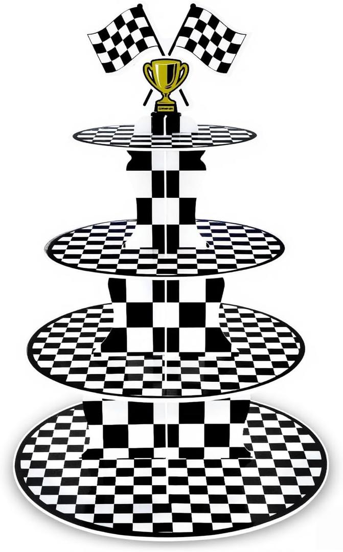 AMZWKT 4-Tier Extra Large Race Car Cupcake Stand - Reusable Cardboard Dessert Tower for Racing Theme Cupcake Tower for Cars Birthday Decorations Race Car Party Supplies