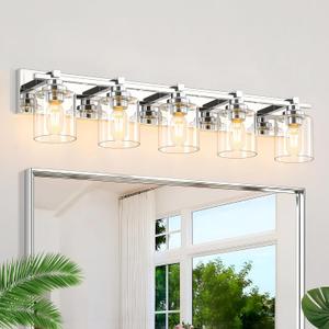 Modern Bathroom Light Fixtures Over Mirror, Vanity Lights for Bathroom Wall Sconces with Clear Glass Shades, E26 Socket (Bulbs Not Included), 5 Light, Chrome