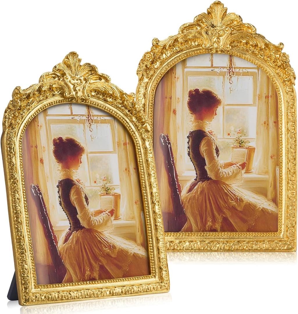 2 Pcs Vintage Gold Frames 5x7 Gold Frames with Glass Floral Relic Hand Crafted Resin Antique for Tabletop Display, Retro Design Home Decor (Novel)