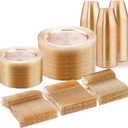 WELLIFE 450 PCS Gold Glitter Disposable Dinnerware Set for 75 Guests, Plastic Plates for Party, Including 75 Dinner & Salad Plates, Cups, Forks Knives Spoons for Wedding and Party Supplies
