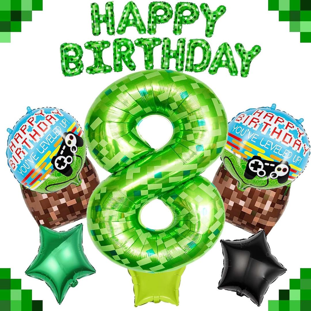 40" Green Pixel Miner Number 8 Balloon Set, 8th