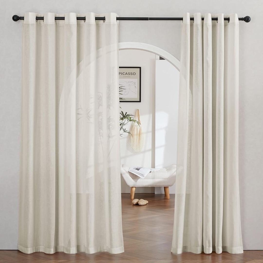 NICETOWN Semi Sheer Linen Curtains Extra Wide for French Door, Grommet Privacy with Light Filtering Vertical Window Curtains for Living Room/Bedroom, Natural, W62 x L84, 2 PCs