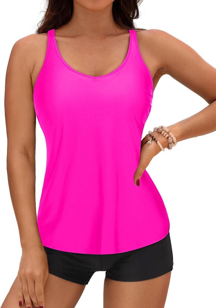Yonique Tankini Swimsuits for Women with Boy Shorts Athletic Swim Tank Top 2 Piece Bathing Suits Hot Pink S