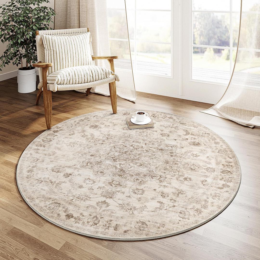 WondRg 3x3 Washable Neutral Round Rug Beige Vintage Entryway Kitchen Cirlce Rug Non-Slip Soft Low Pile Farmhouse Indoor Carpet for Entrance Bathroom Dining Room, 3' (Round), Beige