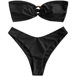 ZAFUL Women's Bandeau Bikini O Ring Strapless Tie Back High Cut Two Piece Swimsuit Bathing Suits, Medium