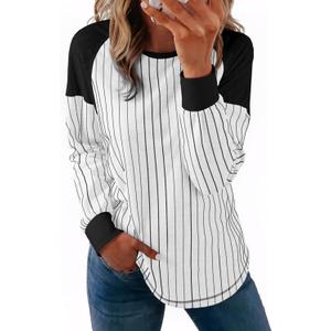 Acelitt Women Casual Striped Long Sleeve Crewneck Pullover Tshirts Tops,S-XXL (White, XL)