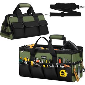 Heavy Duty Tool Bag 20-Inch, Extra Large 16-Pocket Portable Empty Tool Box Organizer Storage, Toolbox Organization, Soft Handle Carrying Toolbag with Zipper, Father Dad Men Mechanic Birthday Gift (Green)