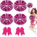 Hanaive 6 Pcs 13 Inch Cheerleading Pom Poms and Large Bows for Girl Cheer Poms Metallic Poms with Handle for Softball Dance (Pink)