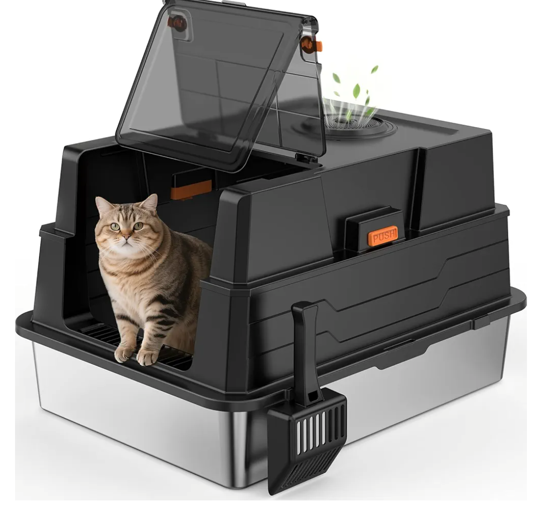 Extra Large Enclosed Stainless Steel Cat Litter Box with Lid - XXXL Giant Metal Enclosed High Sides Litter Boxes for Multi-Cat Households and Overweight Cats - Black