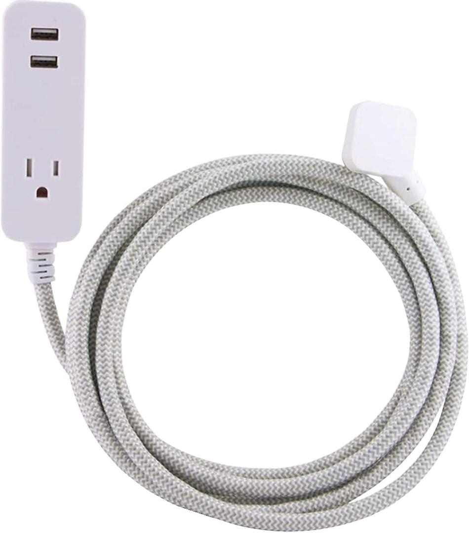 Cordinate Designer 1-Outlet 2-USB Charging Extension Cord with Surge Protection, Gray Braided Dcor Fabric Cord, 10 ft, 2.4A USB Charging Ports, with Tamper Resistant Safety Outlets, 37917 (White)