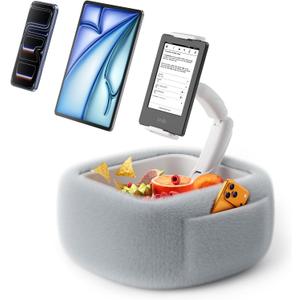 LULULOOK Tablet Pillow Stand, Compatible with iPad, iPhone and 4.7-14.6Tablet, 360 Adjustable Kindle Pillow Stand for Bed with Ultra Fluffy Fabric & Snack Bowl (Fluffy Gray)