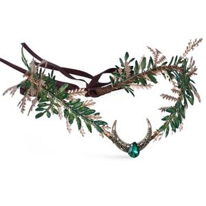 MOSTORY Moon Flower Fairy Crown - Renfaire Woodland Crown Floral Headband Forest Elf Headpiece Elven Circlet for Women Renaissance Accessory Renfaire Halloween Cosplay Photo Shoot (Gold Emerald)