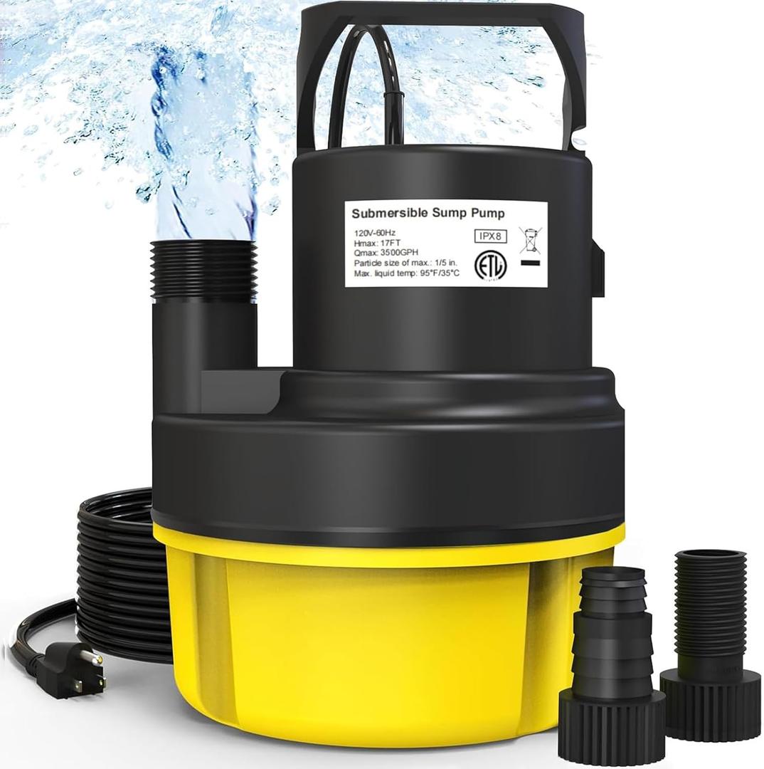 AgiiMan Submersible Water Pump - 1HP 3500GPH Pool Cover Pump for Pool Draining, Pool Cover Pump with 25FT Power Cord for Baseme, Hot Tub, Garden, Yellow