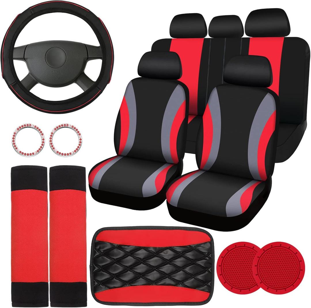 Sinmoe 17 Pcs Car Seat Covers Full Set, Steering Wheel Cover Center Console Pad Armrest Safety Belt Seatbelt Cup Mats Emblem Ring Sticker Accessories Set (Black, Red)