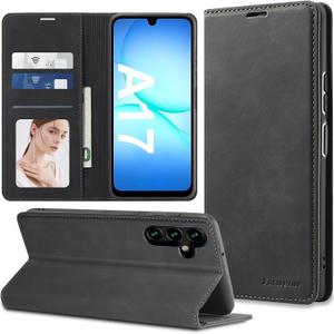 for Samsung Galaxy A17 Case Flip Leather Cover with Hinge Protection Funda, Slim Thin Magnetic A17 Wallet Case [1 Card Holder], Shockproof Protective Cover for Samsung A17 5g Phone Case (Black)