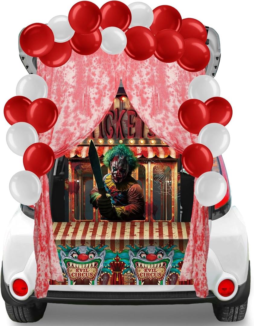 Blosssound 37 Pcs Trunk or Treat Evil Carnival Halloween Car Decorations Kit Scary Clown Cutouts Backdrop Balloons Garland Ticket Booth Banner for Car Archway Garage Door Decor