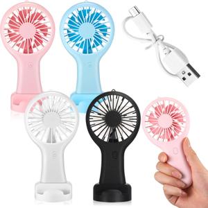 Woanger 4 Pcs Mini Handheld Fan Bulk 3 Speed USB Electric Battery Operated Small Portable Pocket Fan with Data Cable and Mounting Base Summer Gift for Wedding Camping Travel(White, Pink, Blue, Black)