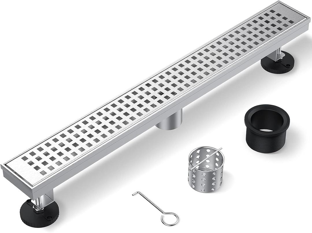 ZEKOO Linear Shower Drain 24 Inch Brushed Nickel,304 Stainless Steel Floor Drain for Bathroom,Rectangular Shower Floor Drain with Grate Removable,Linear Drain