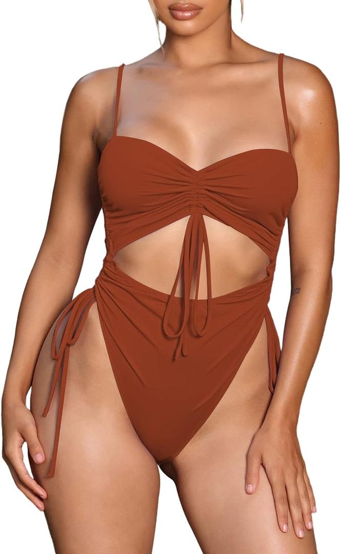Viottiset Women's Cut Out Drawstring One Piece Swimsuit Cheeky High Cut Bathing Suit (Large, Burnt Orange)