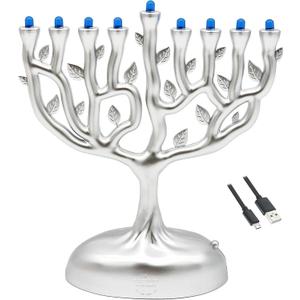 Silver Matte Small Electric Menorah, Tree of Life Design Hanukkah Menorah, LED, Travel, Light It Anywhere! Batteries or USB Powered, Micro USB 4 Inch Cable Included, Measures 6 Inches Tall