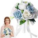 Wedding Bouquets for Bride & Bridesmaid - Realistic Silk Flowers Artificial Roses, 8 Inch Bridesmaid Bouquet for Ceremony, Church, Anniversary, and Home Decoration (White & Blue)